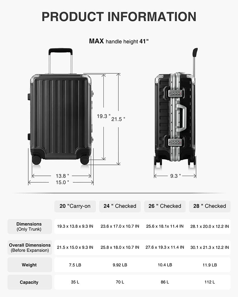 LUGGEX Hard Shell Carry On Luggage with Aluminum Frame - 100% PC No Zipper Suitcase - 4 Metal Corner Hassle-Free Travel (Hard Case Suitcase) - Image 6
